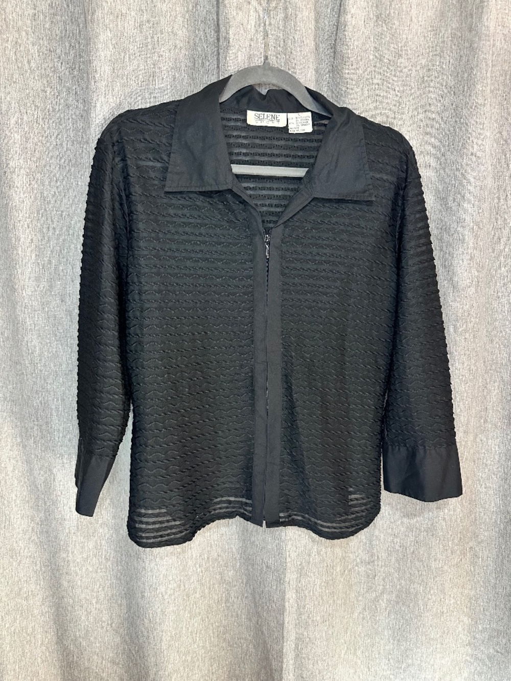Selene Sport Vintage Y2K Black Textured Semi-Sheer Zip Front Top Blouse - L